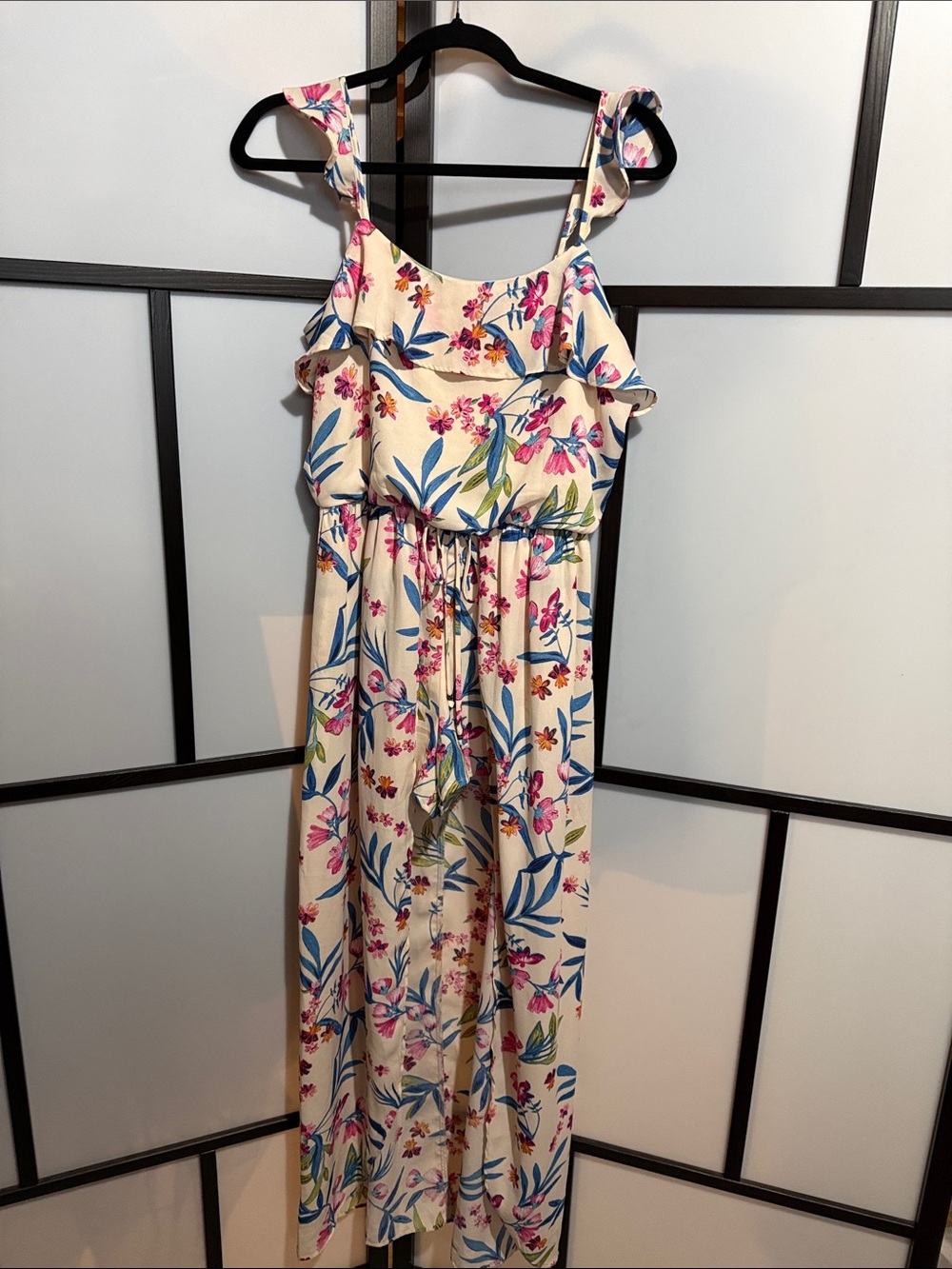 City Triangles Cream Floral Maxi Dress with shorts with Pink & Blue Print
